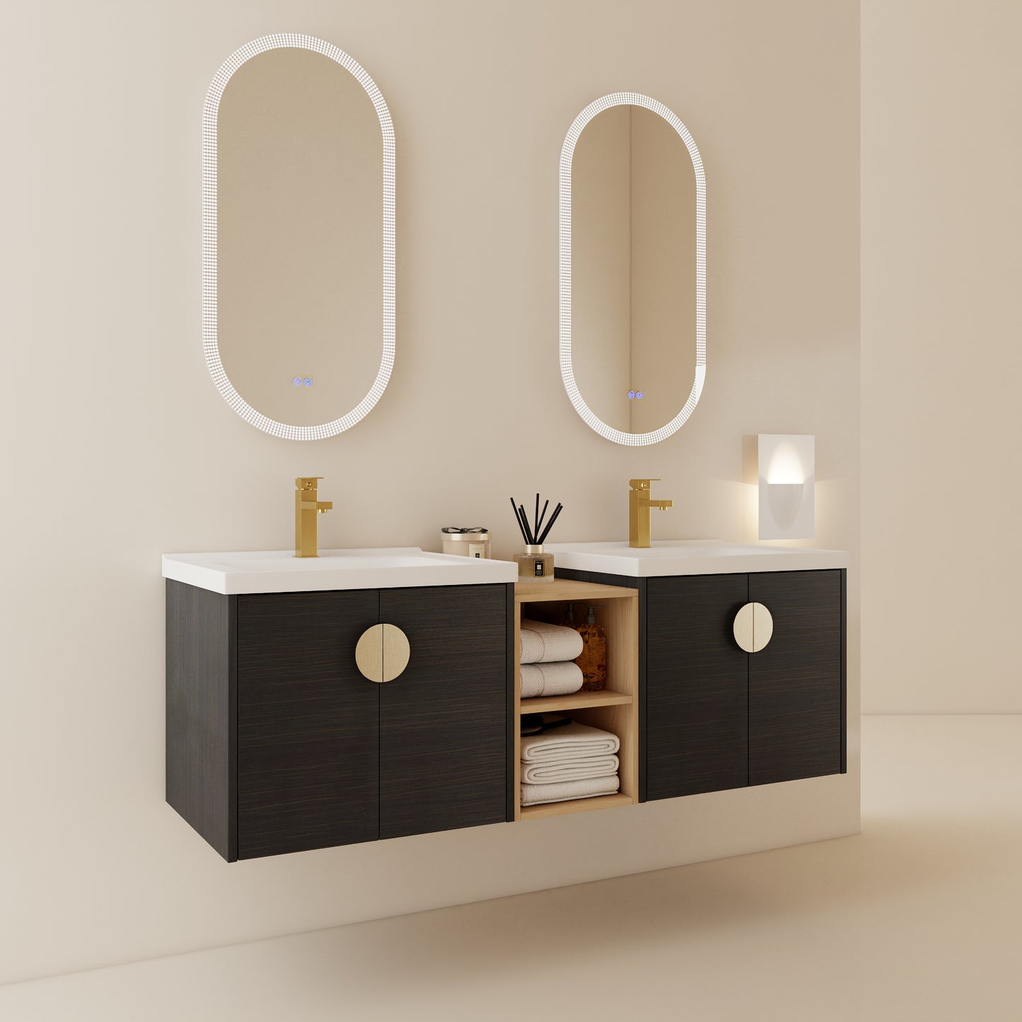 60 Inch Wall-Mounted Bathroom Vanity with Soft Close Doors and Ceramic Sink, Includes Small Storage Shelves - BVC06360BCT