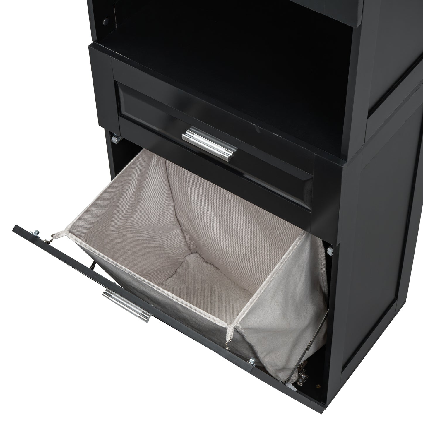 Stylish Tall Black Bathroom Storage Cabinet with Removable Laundry Basket and Ample Organizing Space