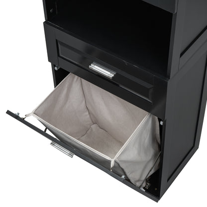 Stylish Tall Black Bathroom Storage Cabinet with Removable Laundry Basket and Ample Organizing Space