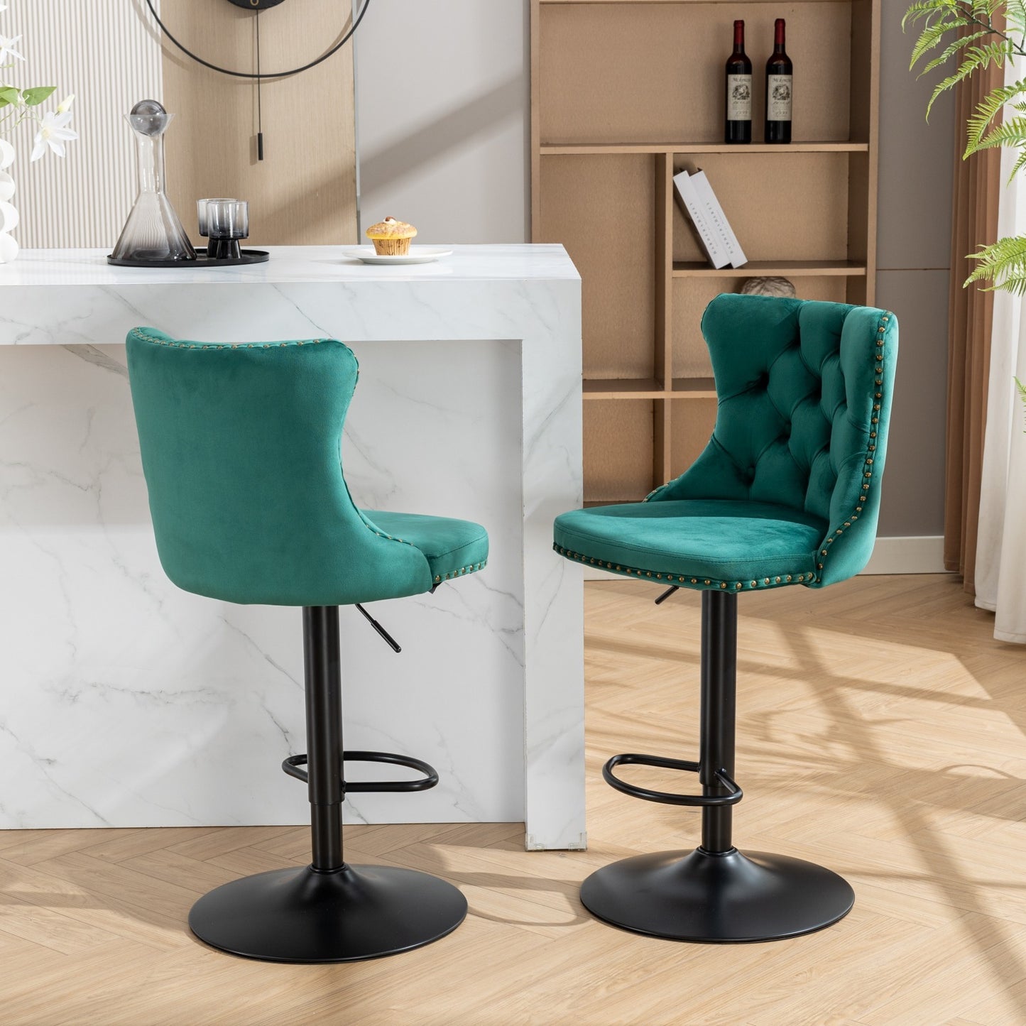 Set of 2 Adjustable Swivel Bar Stools with Tufted Velvet Upholstery and Foam Seat for Kitchen, Green