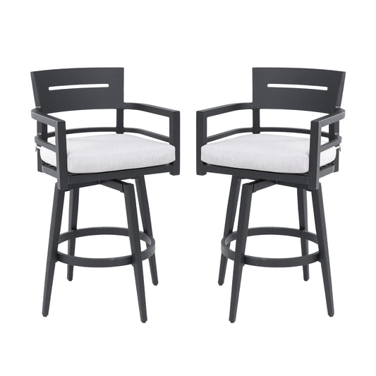 Outdoor Swivel Bar Chairs Set Of 2 With 360 Rotation, Ergonomic Backrest, Sunbrella Cushions, Aluminum Frame Ember Black