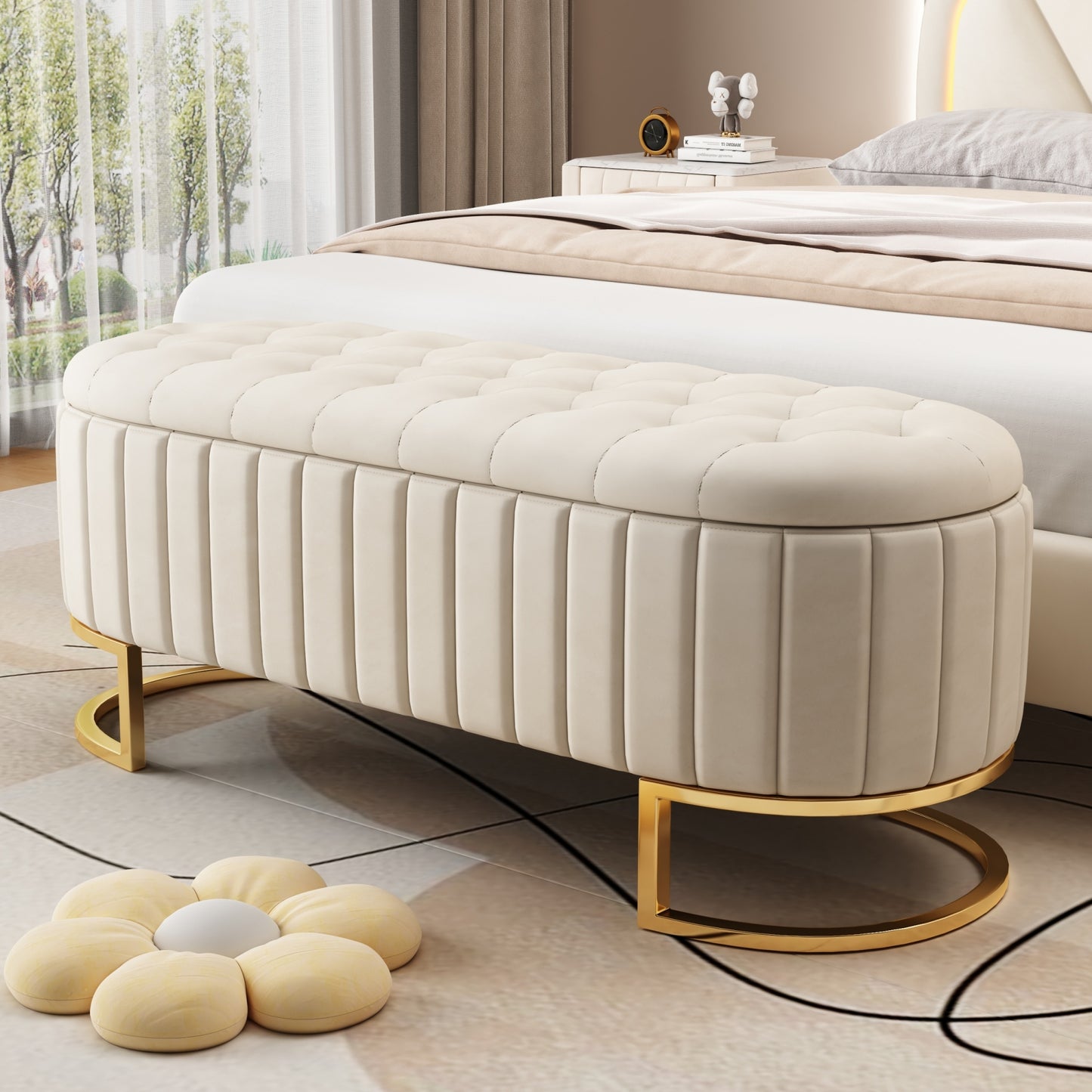 Velvet Storage Ottoman with Button-Tufted Top, 47.2in L x 15.7in W x 16.5in H, Metal Legs, 400 lb Beige
