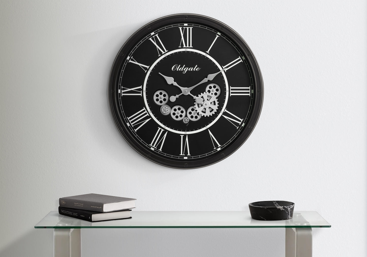 30-Inch Oversized Round Wall Clock with Gear Mechanism, Quartz Movement, Transitional Style, Black