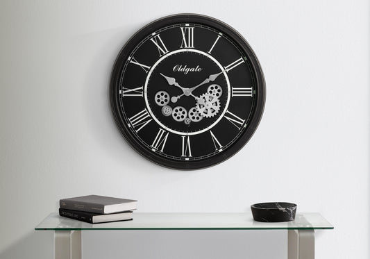 30-Inch Round Wall Clock with Gear, Quartz Movement, Roman Numerals, Glass Frame, Transitional, Black