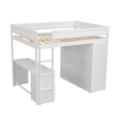 Space-Saving White Wood Loft Bed with Integrated Wardrobes and 2-Drawer Desk