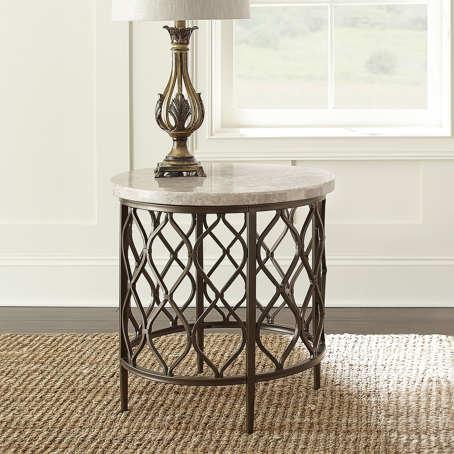Marble Top End Table with Designer Fretwork Base for Living Room, Modern Side Table Bronze