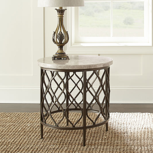 Marble Top End Table with Designer Fretwork Base for Living Room, Modern Side Table Bronze