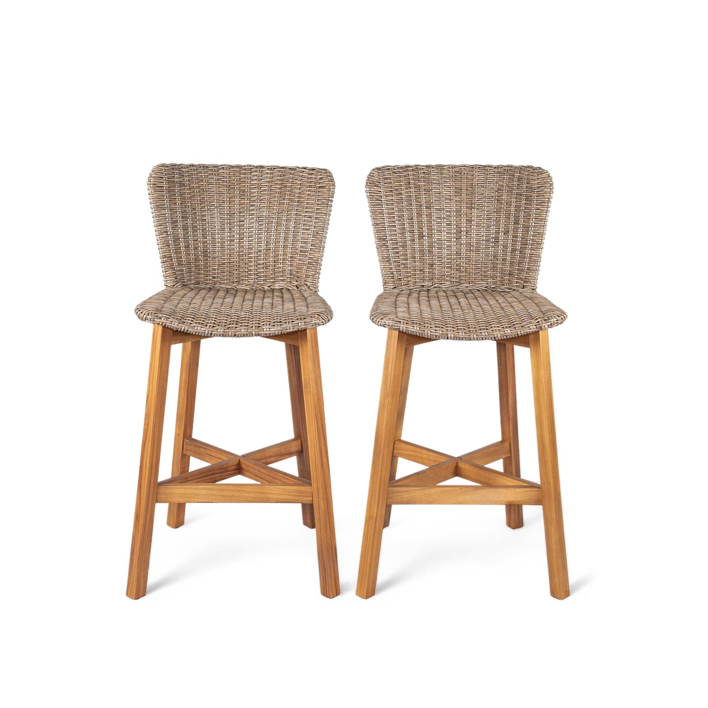 Outdoor Bar Stool Set Of 2 With Acacia Wood Frame And Wicker Seats Weather Resistant 21 X 22 Inches Light Brown