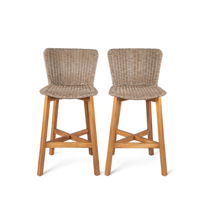 Outdoor Bar Stool Set Of 2 With Acacia Wood Frame And Wicker Seats Weather Resistant 21 X 22 Inches Light Brown