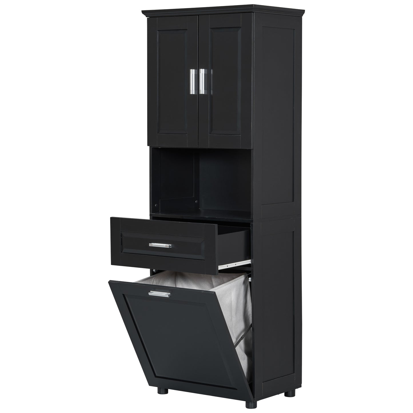 Stylish Tall Black Bathroom Storage Cabinet with Removable Laundry Basket and Ample Organizing Space