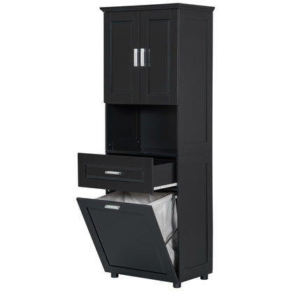 Stylish Tall Black Bathroom Storage Cabinet with Removable Laundry Basket and Ample Organizing Space