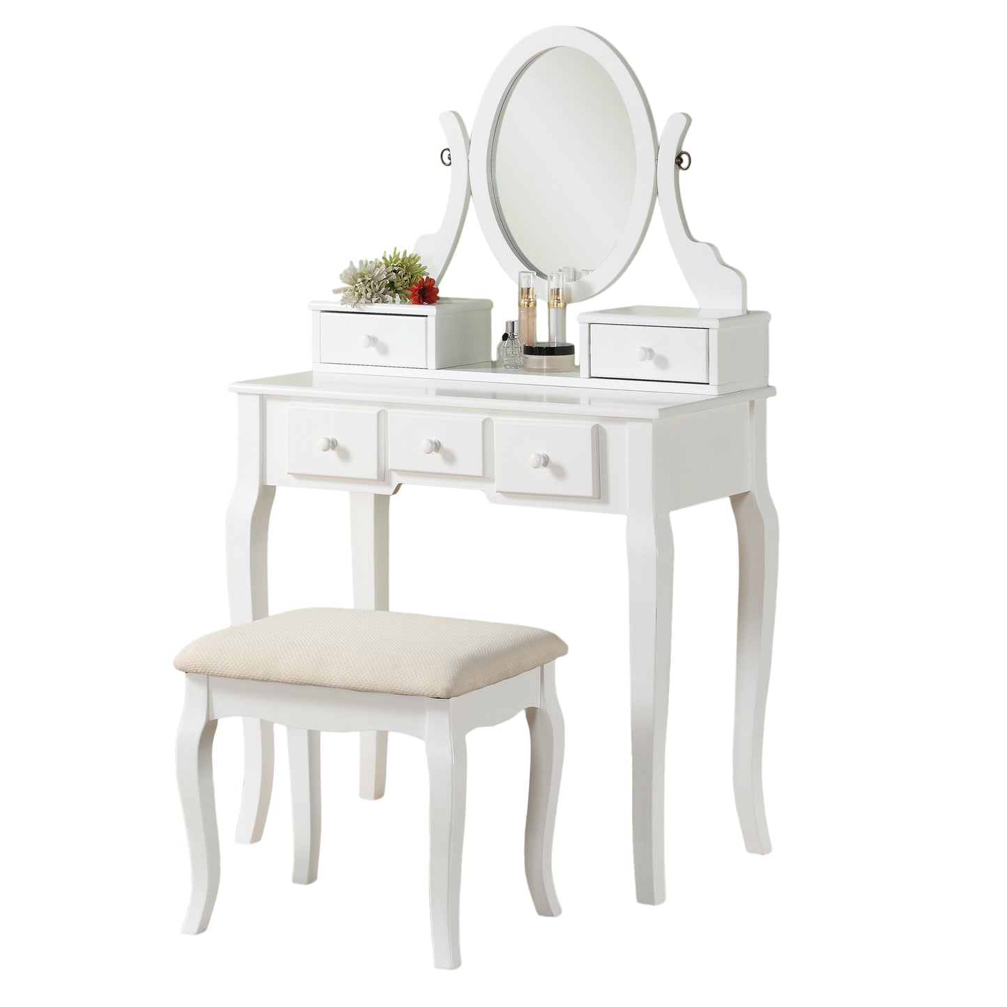 Wood Makeup Vanity Table and Stool Set for Bedroom, Elegant Space-Saving Home Vanity White