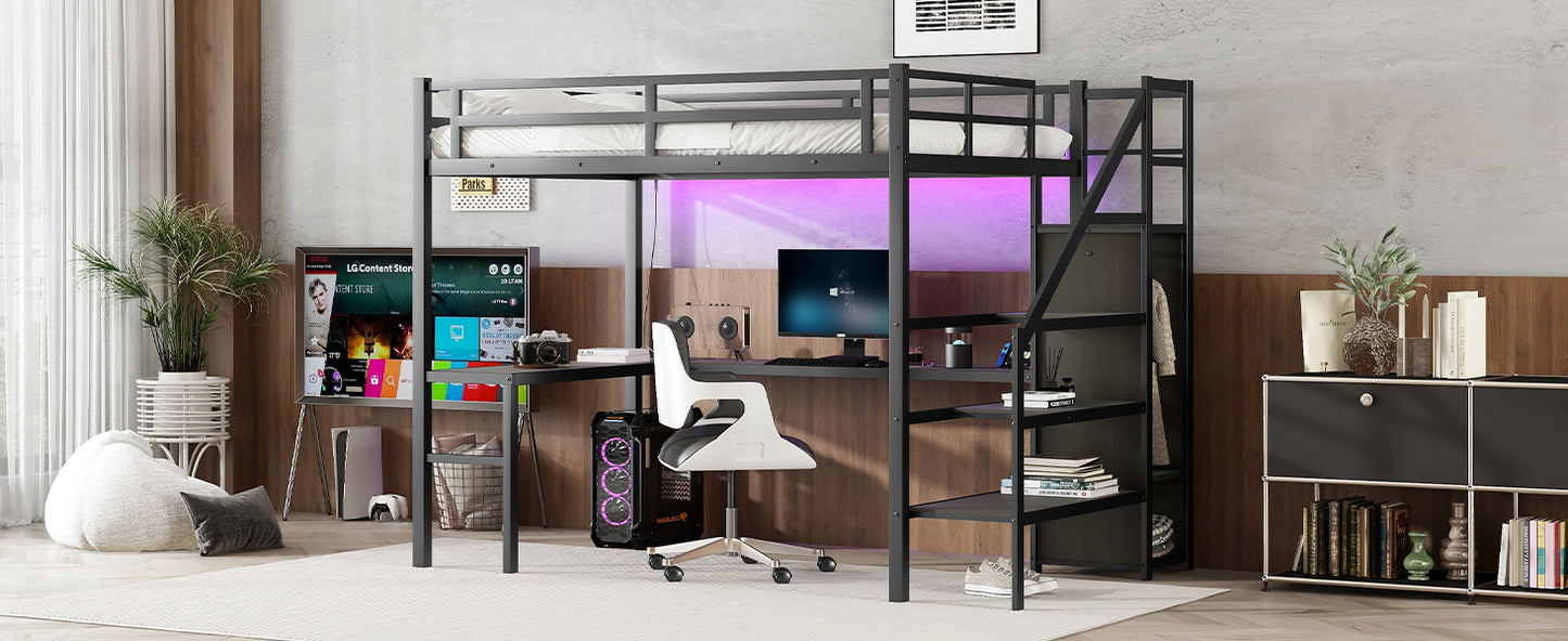 Full XL Metal Loft Bed with L-Shaped Desk, Wardrobe, USB Charging, and LED Lighting for Teens and Adults - Black