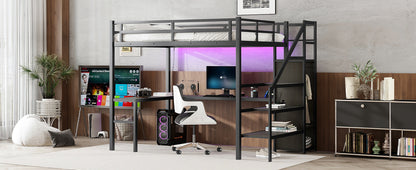 Full XL Metal Loft Bed with L-Shaped Desk, Wardrobe, USB Charging, and LED Lighting for Teens and Adults - Black