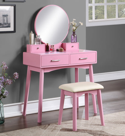 Contemporary Wood Vanity and Stool Set for Bedroom Dressing Area, Makeup Desk with Storage Drawers Pink