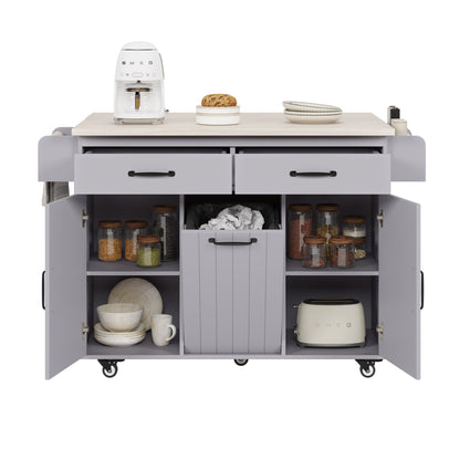 Grey Rolling Kitchen Island with Drop Leaf and Trash Can Storage, Spice Rack, Towel Rack, and Adjustable Shelves