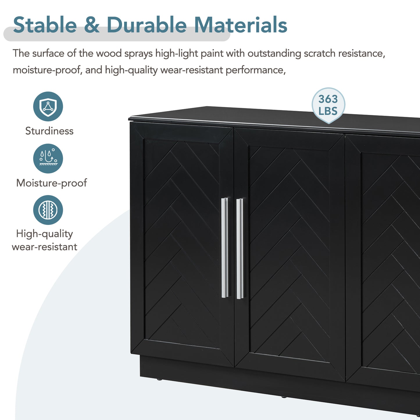 TREXM Sideboard with 4 Doors Large Storage Space Buffet Cabinet with Adjustable Shelves and Silver Handles for Kitchen, Dining Room, Living Room (Black)