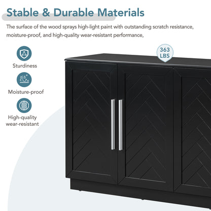 TREXM Sideboard with 4 Doors Large Storage Space Buffet Cabinet with Adjustable Shelves and Silver Handles for Kitchen, Dining Room, Living Room (Black)