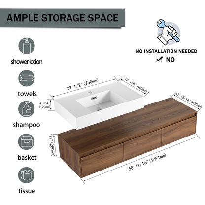 Contemporary 60-Inch Wall-Mounted Bathroom Vanity with Resin Sink and Soft-Close Drawers