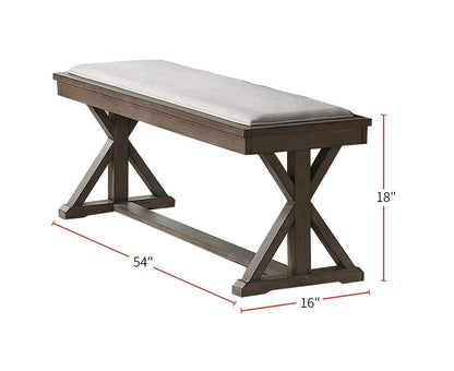 Dining Bench 54 in L x 16 in W x 18 in H, Solid Wood + Veneer, Cream Cushioned Seat, Ash Gray Finish