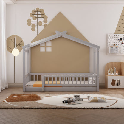 Whimsical Twin Wooden House Bed Frame with Fenced Design for Kids and Teens - Gray