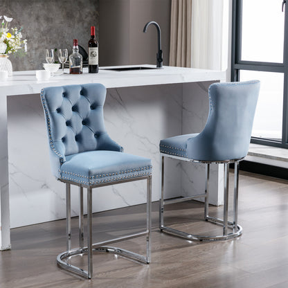 26 Inch Counter Height Bar Stools Set 2 Light Blue Velvet