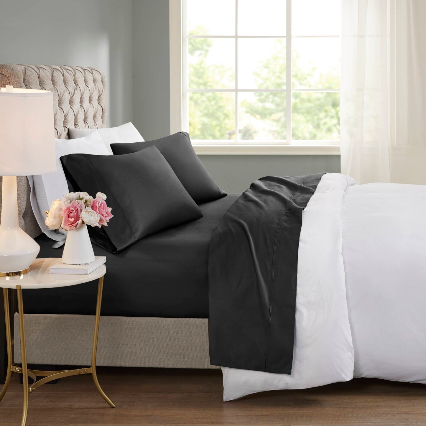 Cal King Cooling Cotton-Blend Sheet Set, 600-Thread-Count, Deep Pocket Fitted, Sateen, 4pc, Black