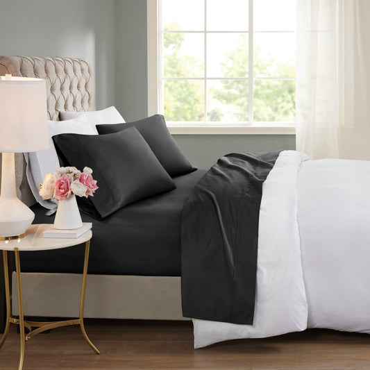 Cal King Cooling Cotton-Blend Sheet Set, 600-Thread-Count, Deep Pocket Fitted, Sateen, 4pc, Black