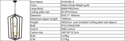 8-Light Lantern Farmhouse Pendant Chandelier for Kitchen Island & Dining, Metal E12 Sockets - Matte Black