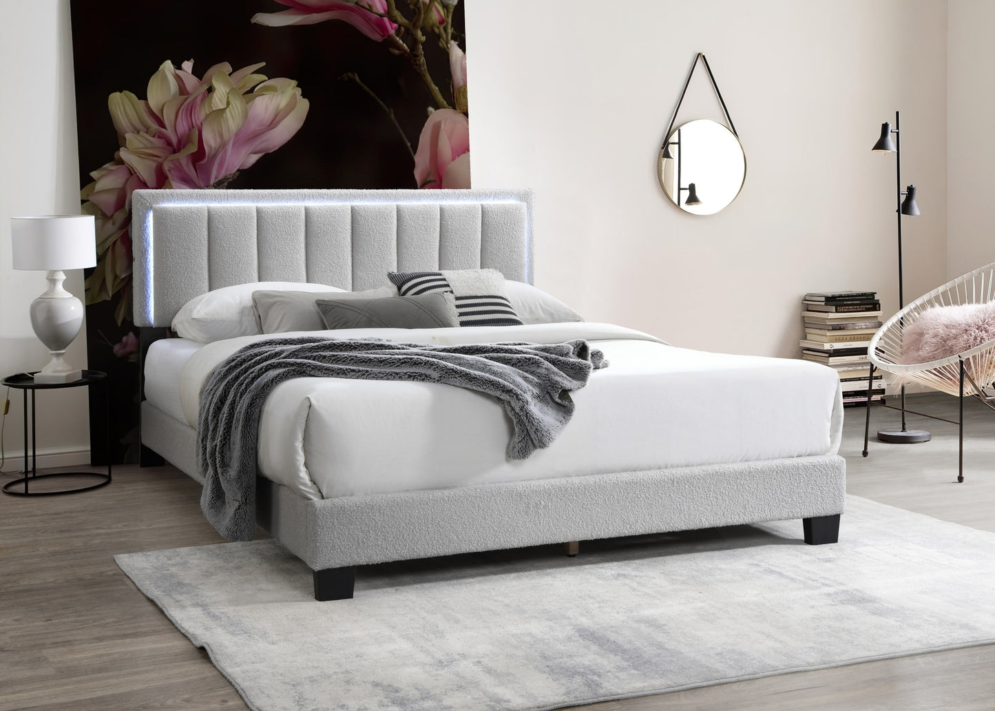 Elegant Light Gray Wool Upholstered Queen Bed with LED Channel Tufted Headboard