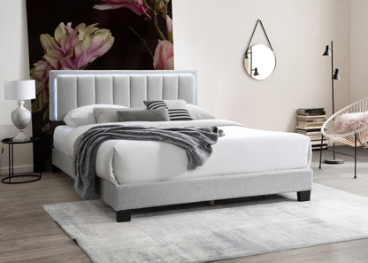 Elegant Light Gray Wool Upholstered Queen Bed with LED Channel Tufted Headboard