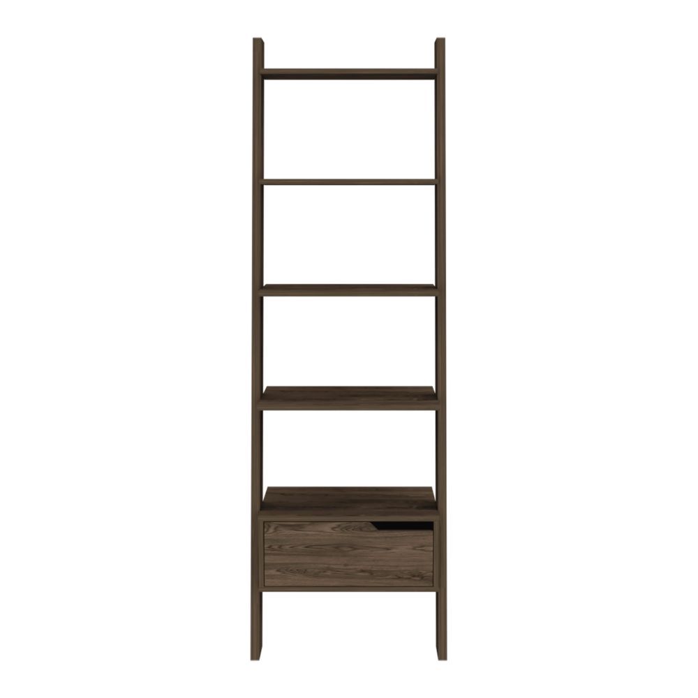 Dark Walnut Ladder Shelf with One Drawer and Five Spacious Open Shelves