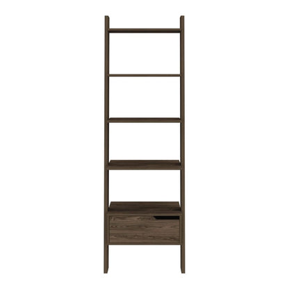 Dark Walnut Ladder Shelf with One Drawer and Five Spacious Open Shelves