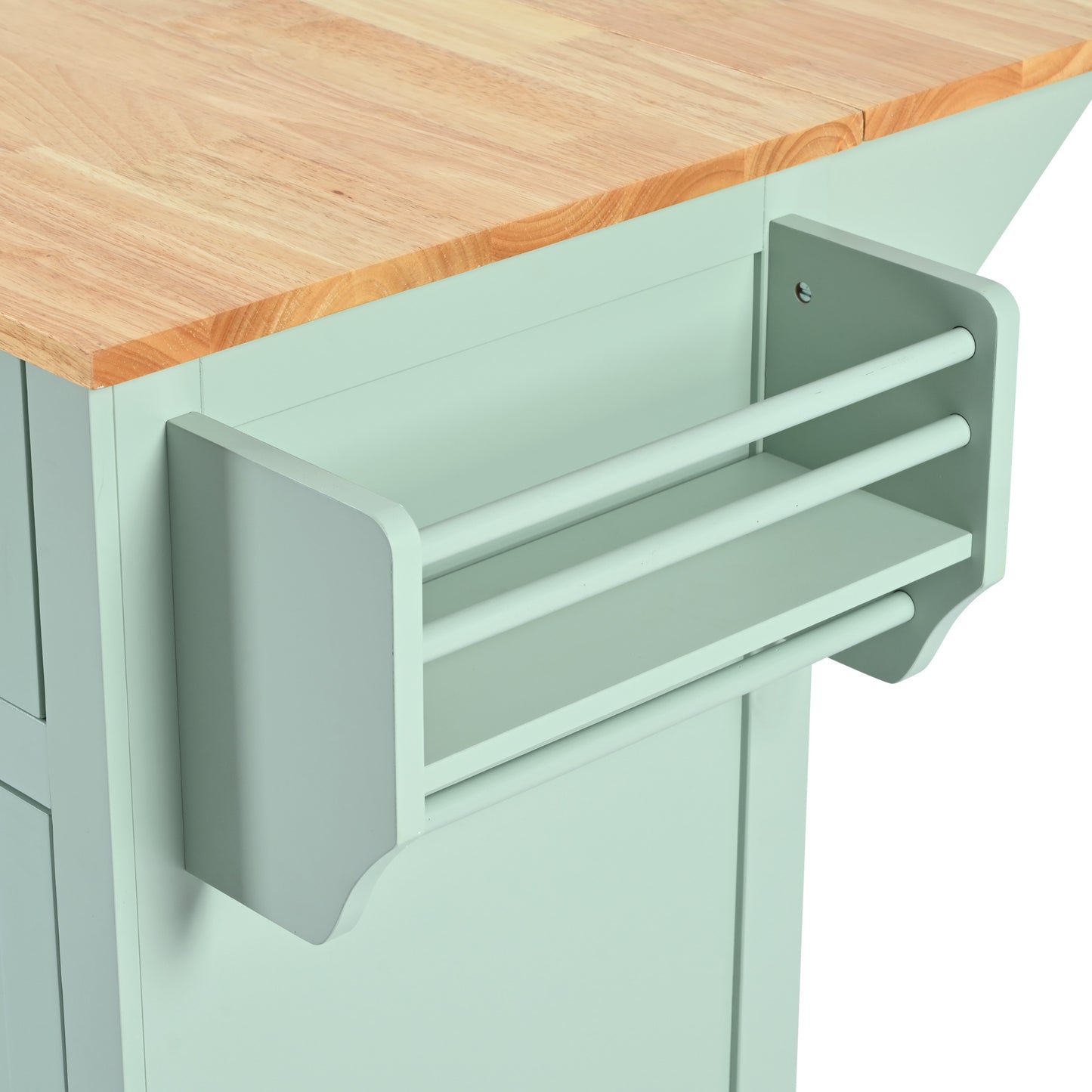 Mint Green Kitchen Island Cart with Drop-Leaf Rubberwood Top, Storage Cabinet, and 3 Drawers on Wheels