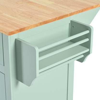 Mint Green Kitchen Island Cart with Drop-Leaf Rubberwood Top, Storage Cabinet, and 3 Drawers on Wheels