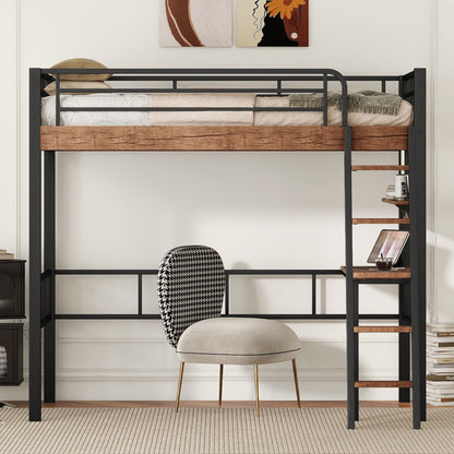 Black Metal Twin Loft Bed with Integrated Desk, Storage Shelf, and Ladder