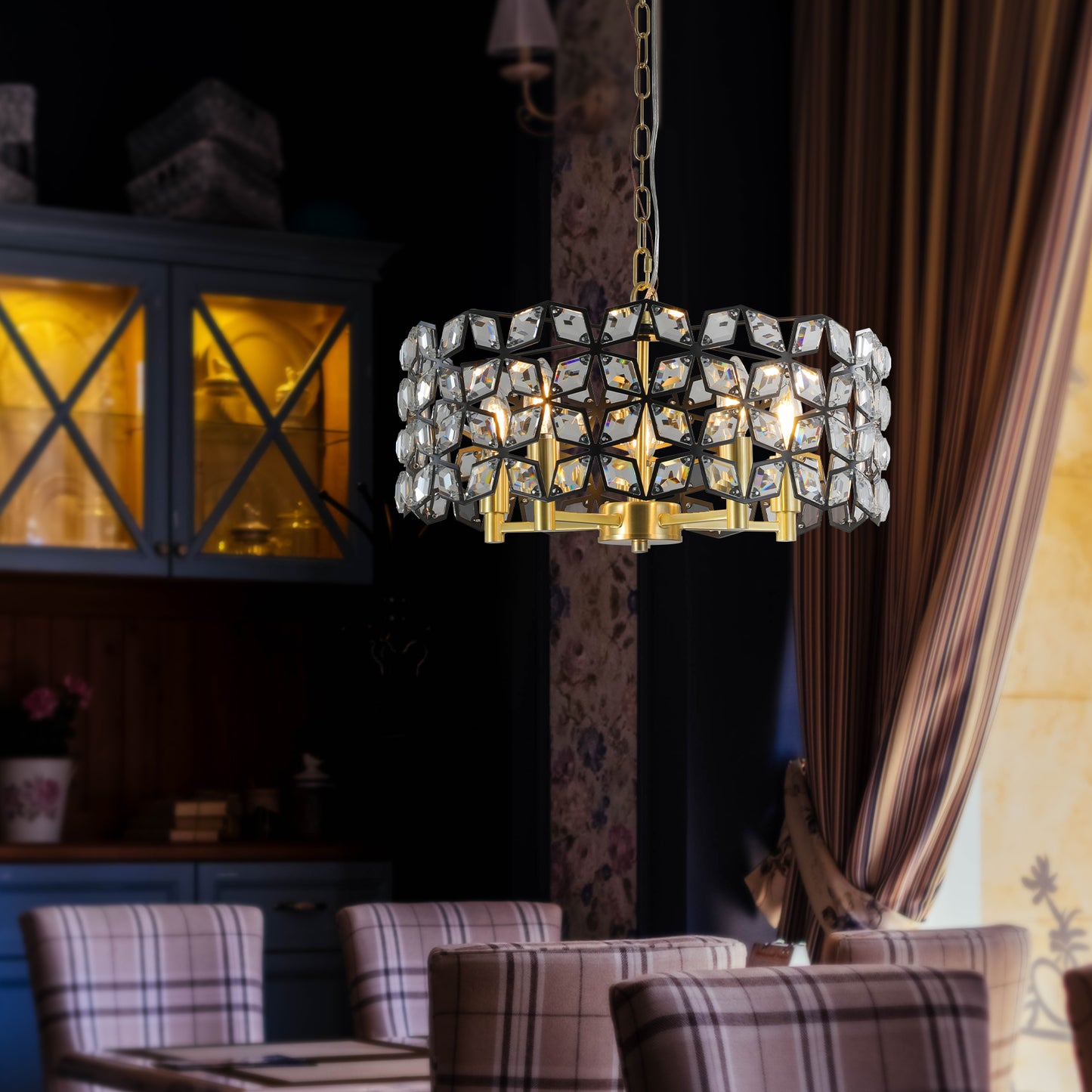 Modern Crystal Chandelier for Living Room - 5-Light Pendant, K9 Crystals, Sand Gold and Black Finish