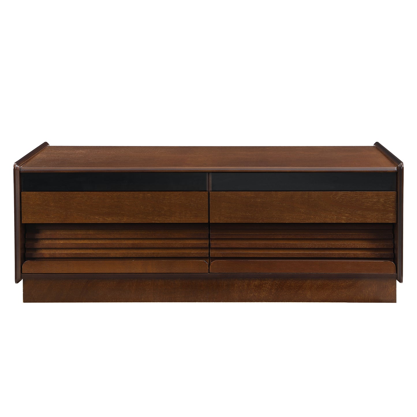 Rectangular Coffee Table with 4 Drawers and 2 Shelves, MDF + Tempered Glass, Modern Grooved Design Brown