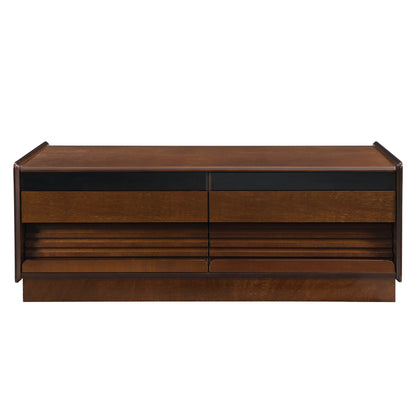 Rectangular Coffee Table with 4 Drawers and 2 Shelves, MDF + Tempered Glass, Modern Grooved Design Brown