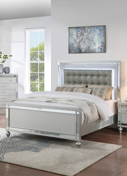 Elegant Silver Tufted Faux Leather Queen Bed with LED Lighting and Mirrored Accents