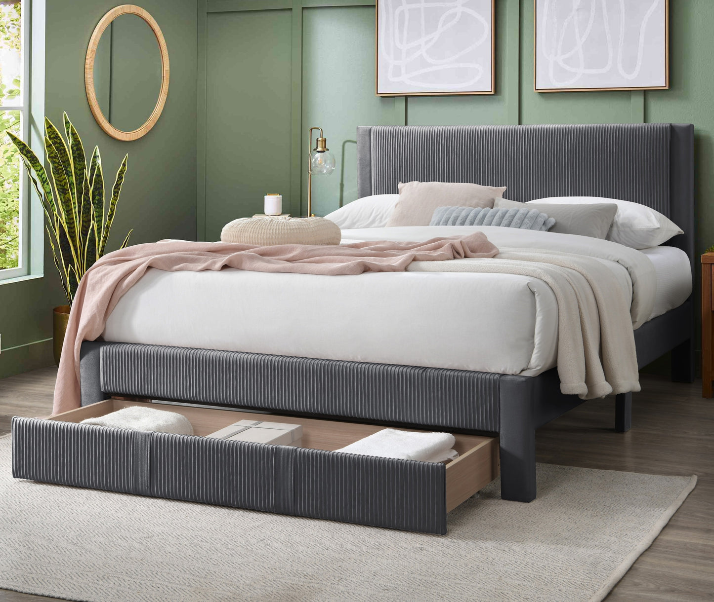 Modern Charcoal Corduroy Upholstered Queen Size Platform Bed with Storage Drawer
