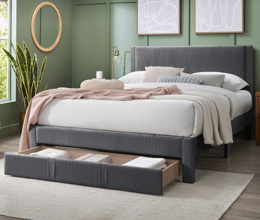 Modern Charcoal Corduroy Upholstered Queen Size Platform Bed with Storage Drawer