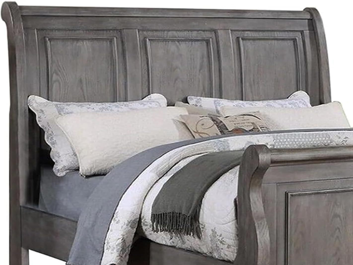 Elegant Antique Gray Oak California King Sleigh Headboard Panel Bed – Stylish Wooden Bedroom Furniture