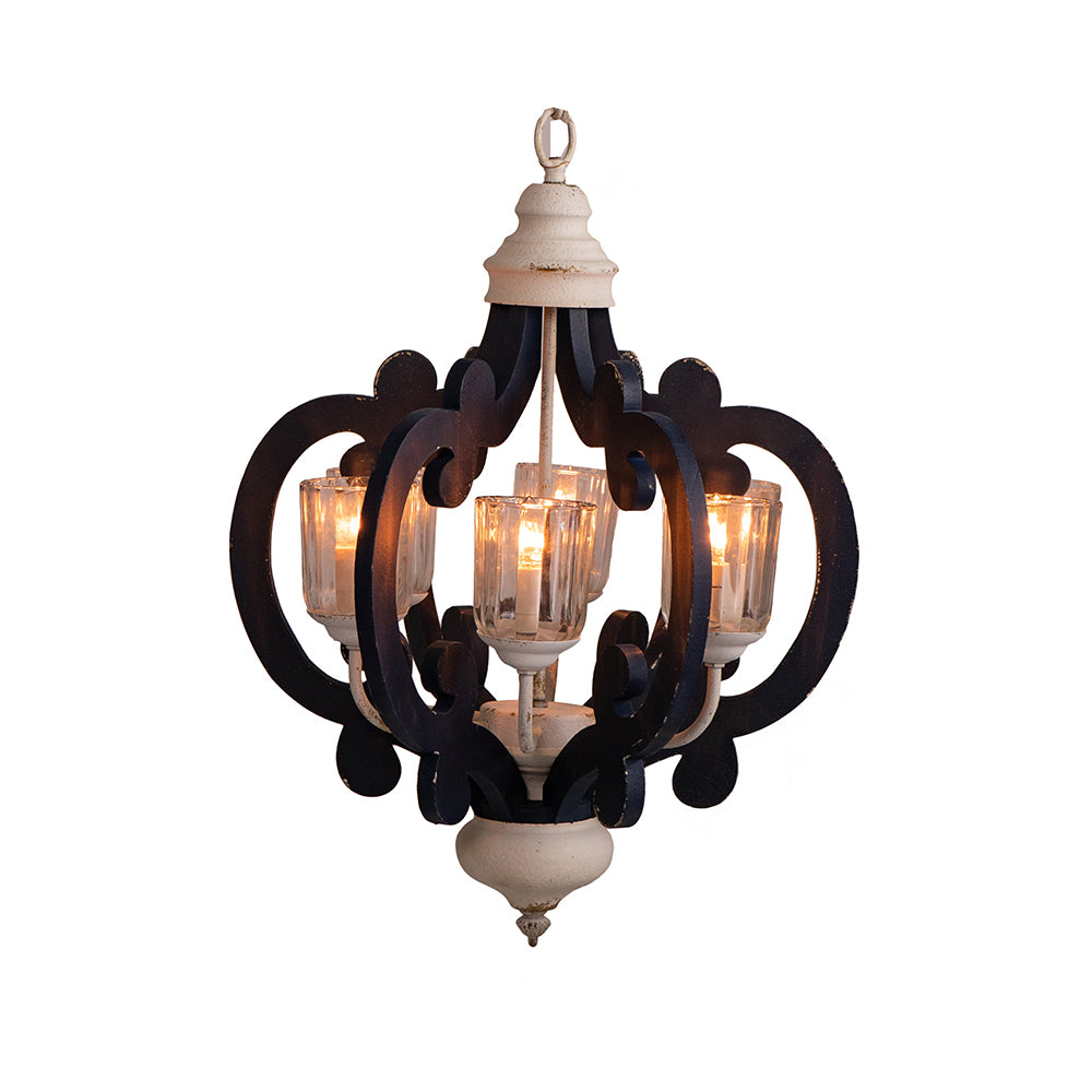 6-Light Wood Chandelier, Farmhouse Pendant for Kitchen, Living, Bulb Not Included, Navy Blue and White Finish