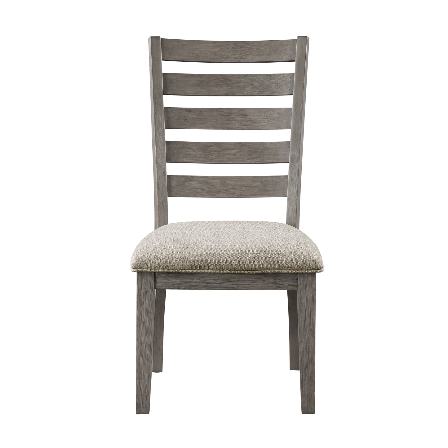 Set of 2 ladder-back dining chairs, wood frame, beige upholstery, 20W seat, 250-lb capacity, Gray finish