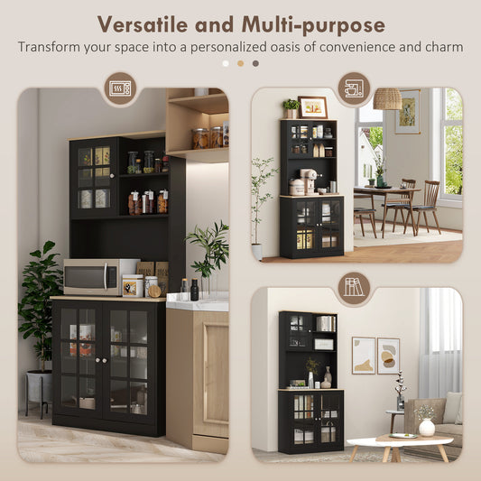 Modern Black Kitchen Pantry Cabinet with Glass Doors and Adjustable Shelves, 72" Freestanding Storage for Dining Room and Coffee Bar