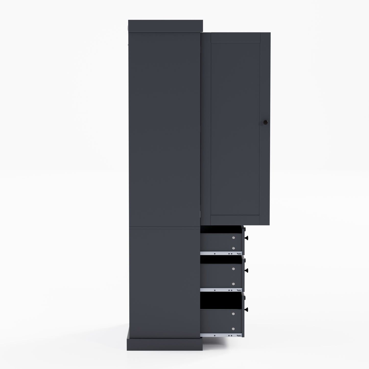 Tall Gray Farmhouse Kitchen Pantry Cabinet with Adjustable Shelves, Drawers, and Door Storage Solutions