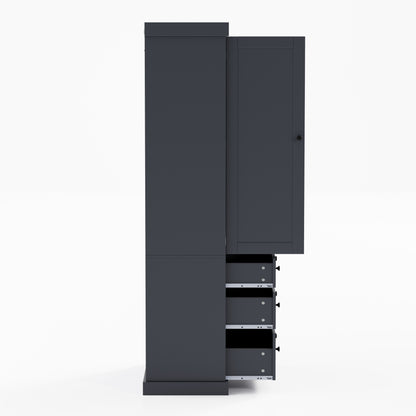 Tall Gray Farmhouse Kitchen Pantry Cabinet with Adjustable Shelves, Drawers, and Door Storage Solutions