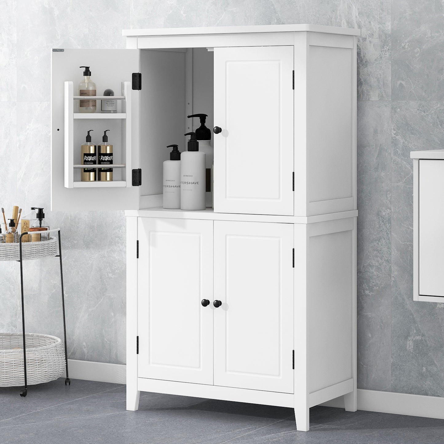 Stylish Freestanding Bathroom Storage Cabinet with 4 Adjustable Shelves, White MDF Unit