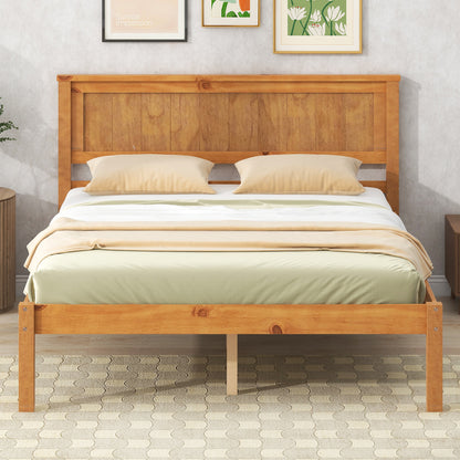 Oak Full Platform Bed Frame with Headboard - No Box Spring Required, Wood Slat Support